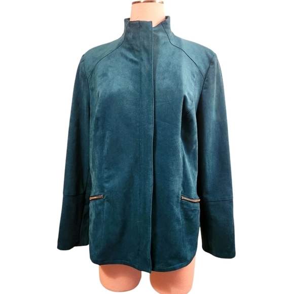 EUC CHICO'S BLUE TEAL BLAZER FAUX SUEDE FULL ZIP WOMEN'S MOTO JACKET SIZE 12/14 - Picture 2 of 10